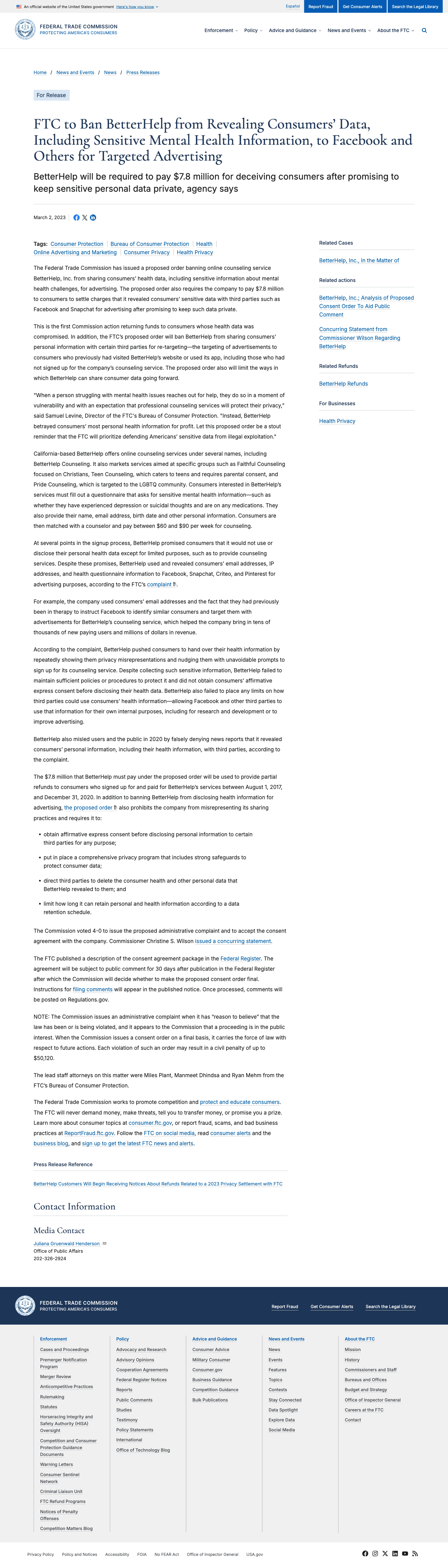 Screenshot evidence for Primary-source citation for the $7.8M FTC settlement on mental-health data sharing