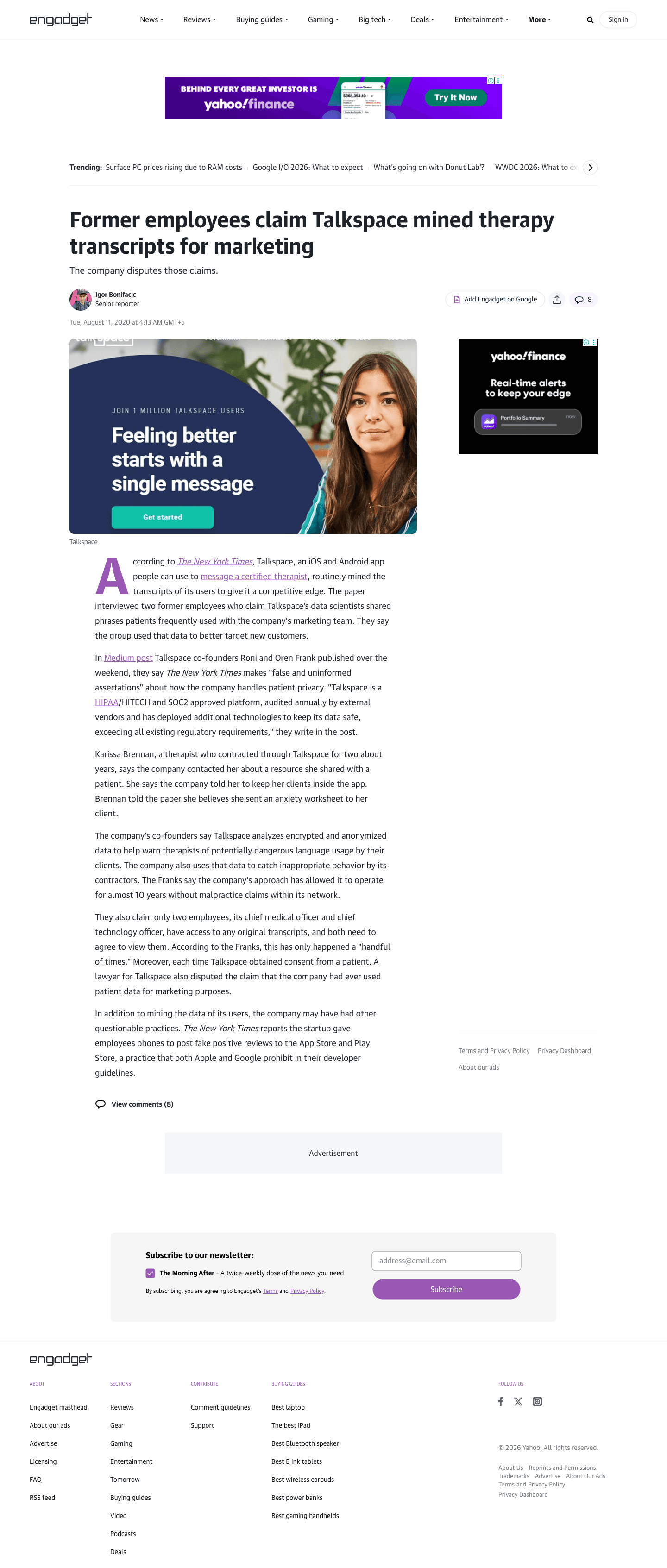 Screenshot evidence for Press coverage of the 2020 NYT investigation into transcript review and fake reviews