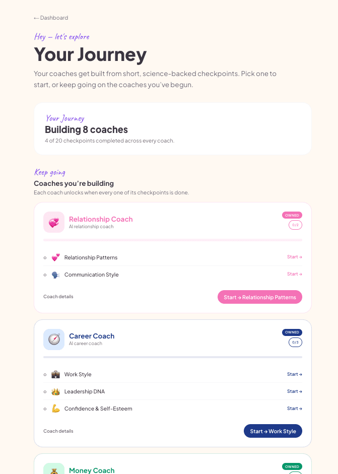 The user's Journey dashboard showing coaches being built.